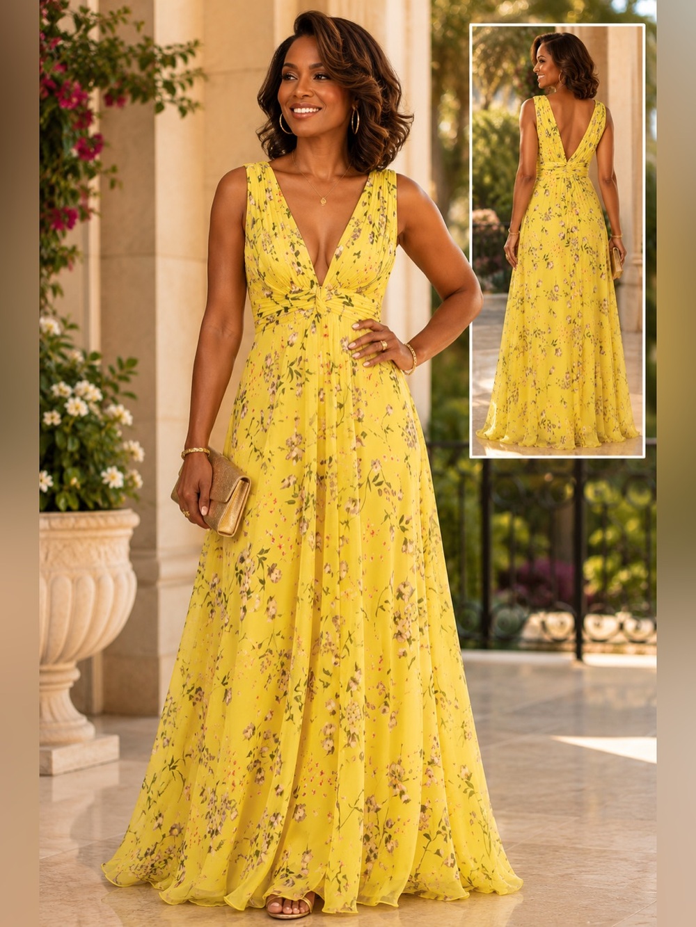 Ieena MacDuggal 56011 Floral Maxi Dress Formal Gown Yellow Small 4